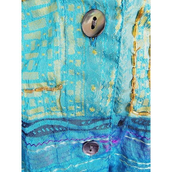 Chico's Design 1 Blouse Size Med. Button-Up Beaded Sequin Aqua 3/4 Slv. Vintage - Picture 7 of 8